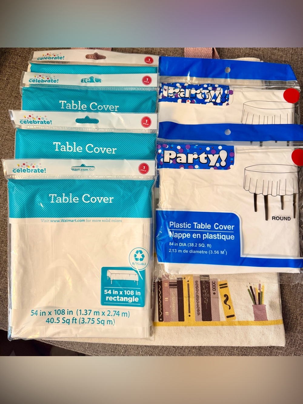 6 Pc White Plastic Table Cover Party Bundle - Round & Rectangle | New and Sealed